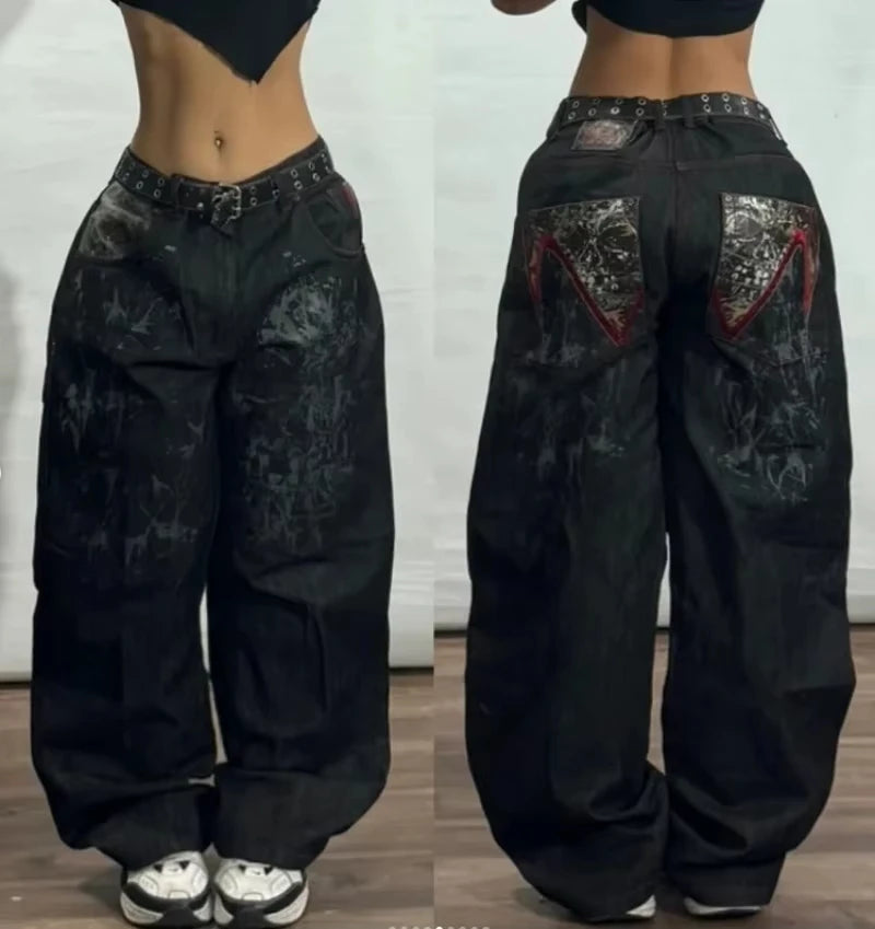 Jean Baggy Femme – Broderies Lettres, Style Streetwear Y2K Punk