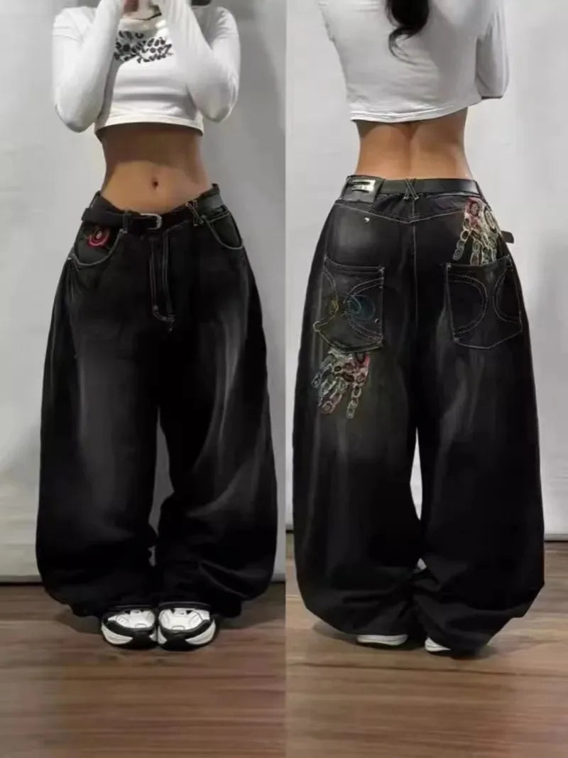 Jean Baggy Femme – Broderies Lettres, Style Streetwear Y2K Punk