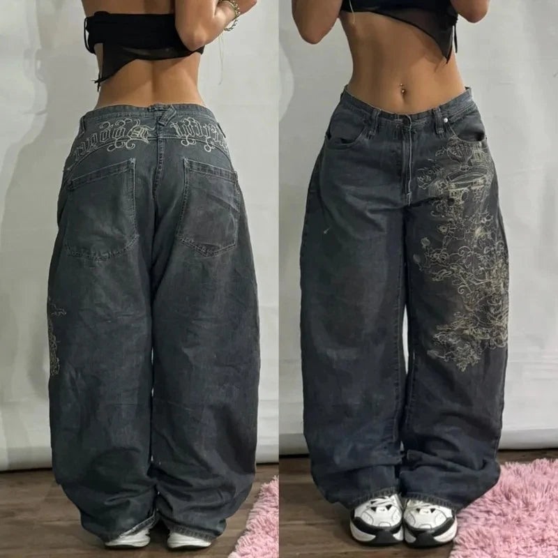 Jean Baggy Femme – Broderies Lettres, Style Streetwear Y2K Punk