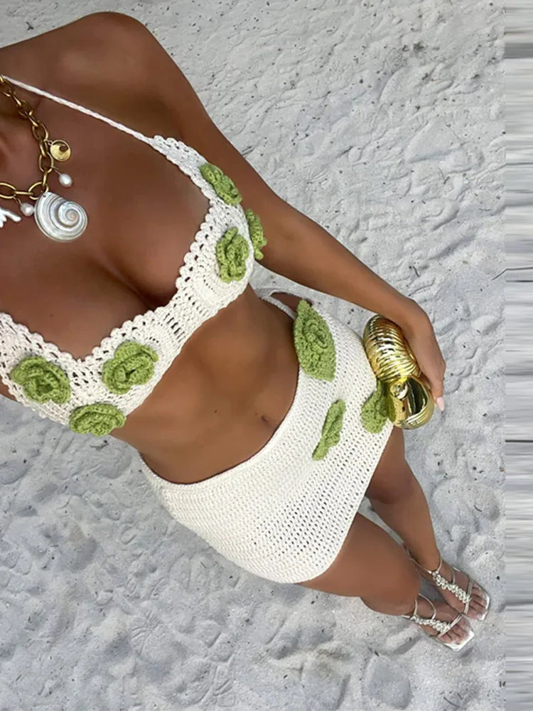 Ensemble 2 Pièces Femme – Haut Crochet Dos Nu & Jupe Courte Plage ajourée