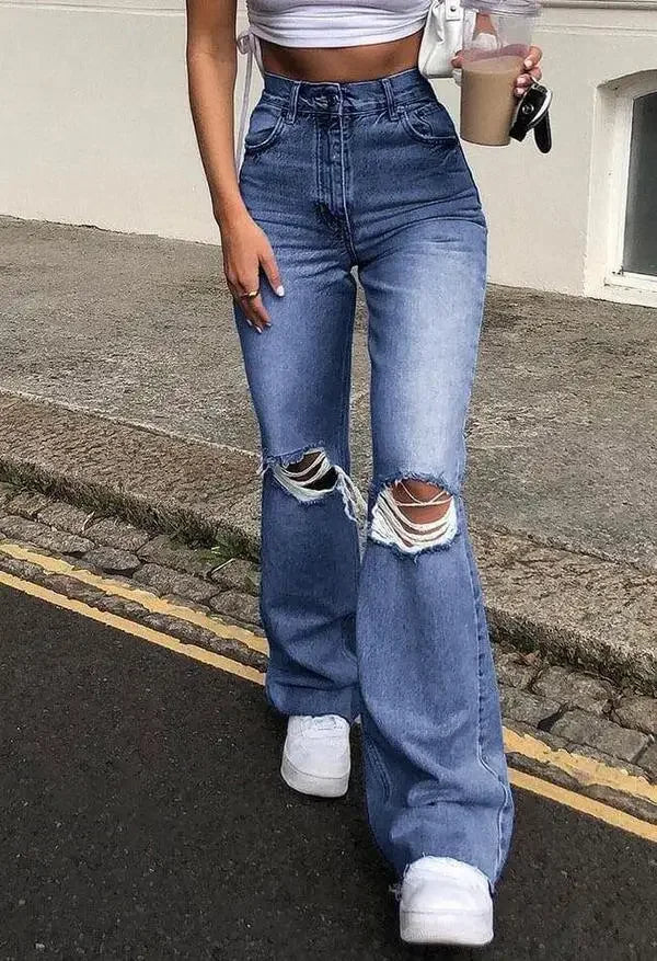 Jean Femme Taille Haute. Style Rétro Évasé avec Détails Usés
