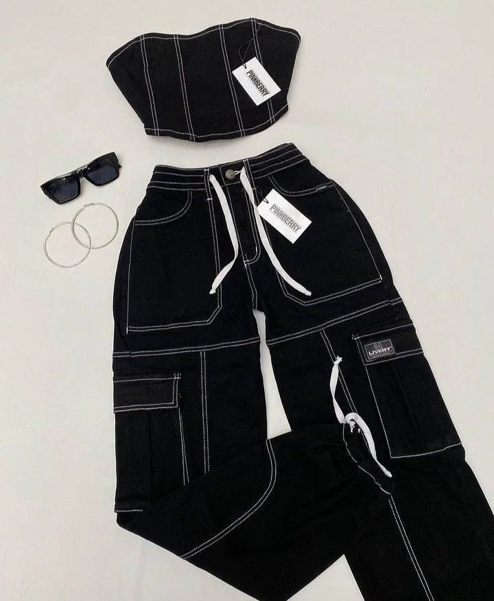 Ensemble Décontracté Femme – Top Bretelles et Pantalon Droit Taille Basse