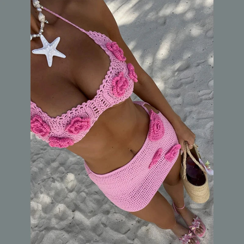 Ensemble 2 Pièces Femme – Haut Crochet Dos Nu & Jupe Courte Plage ajourée
