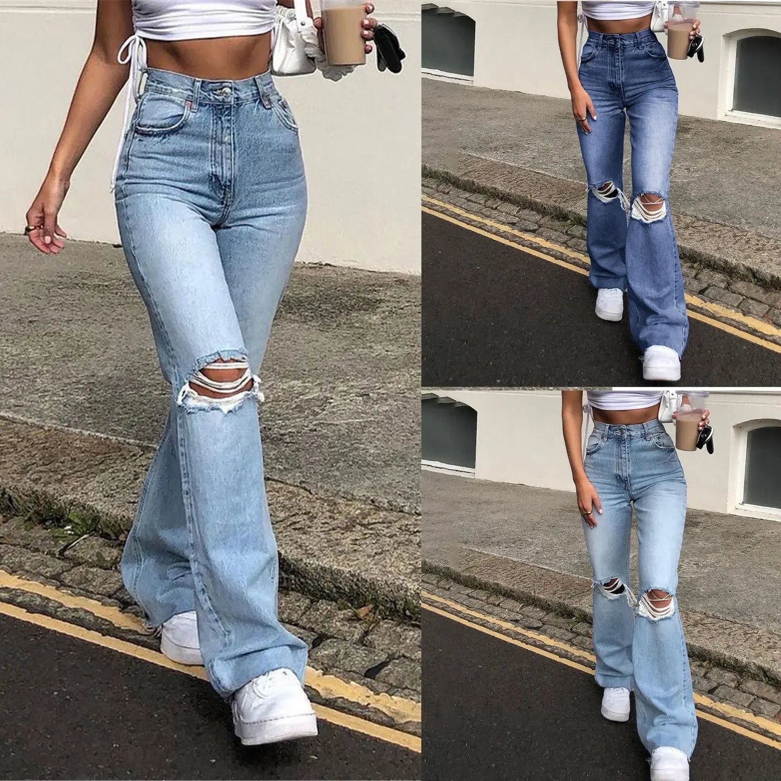 Jean Femme Taille Haute. Style Rétro Évasé avec Détails Usés