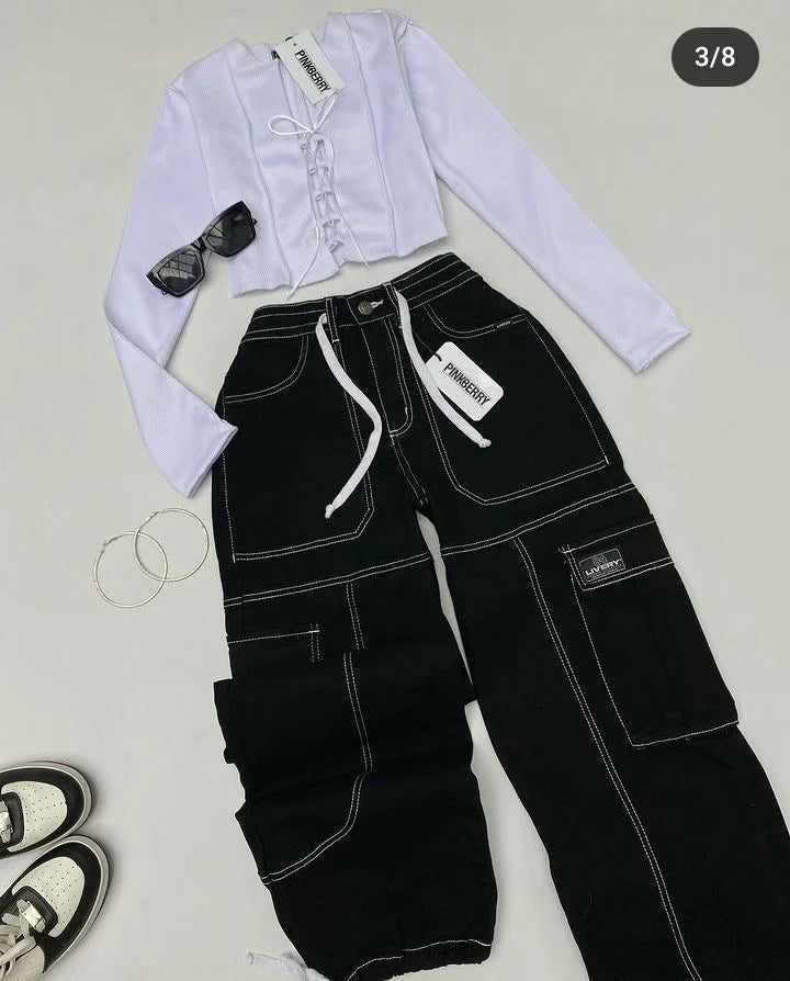 Ensemble Décontracté Femme – Top Bretelles et Pantalon Droit Taille Basse