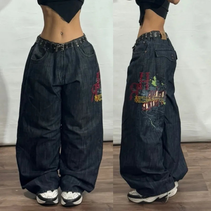 Jean Baggy Femme – Broderies Lettres, Style Streetwear Y2K Punk